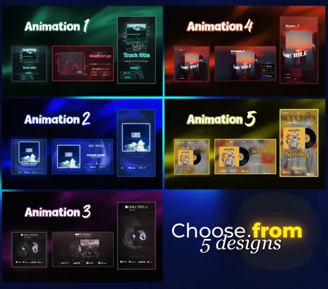 Five music visualizer design examples in different colors and layouts